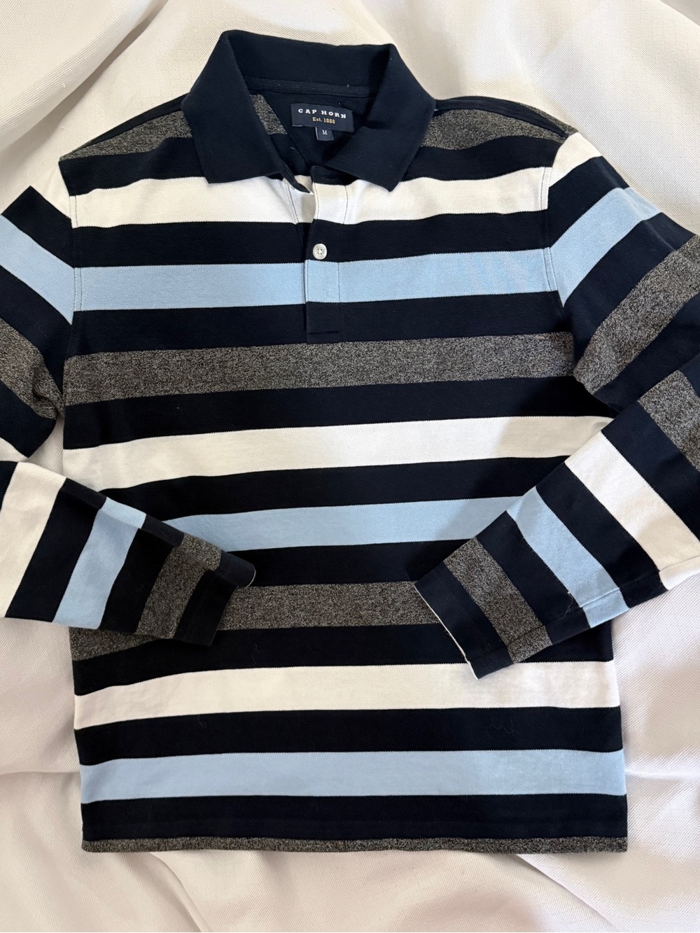Cap Horn Mens Medium Long Sleeve Rugby Polo Shirt Striped Blue Grey White